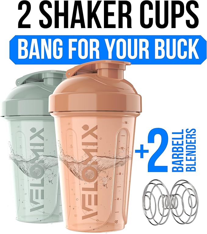 VELOMIX -2 Pack- 20 oz Protein Shaker Bottles for Protein Mixes - 2x Wire Whisk | Leak Proof Shaker Cups for Protein Shakes and Pre Workout | Protein Shaker Bottle Pack (Mint Glow)
