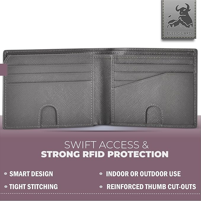 BULLGUARD Mens RFID Blocking Wallet Bifold with Flip Up ID in Saffiano Grey Genuine Leather