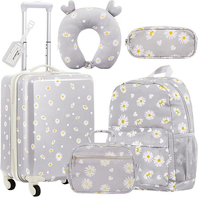 Redbaker 17 Inch 6 Pcs Kids Luggage Set Kids Rolling Luggage Double Pattern Suitcase for Boys Girls (Grey, Daisy Style)