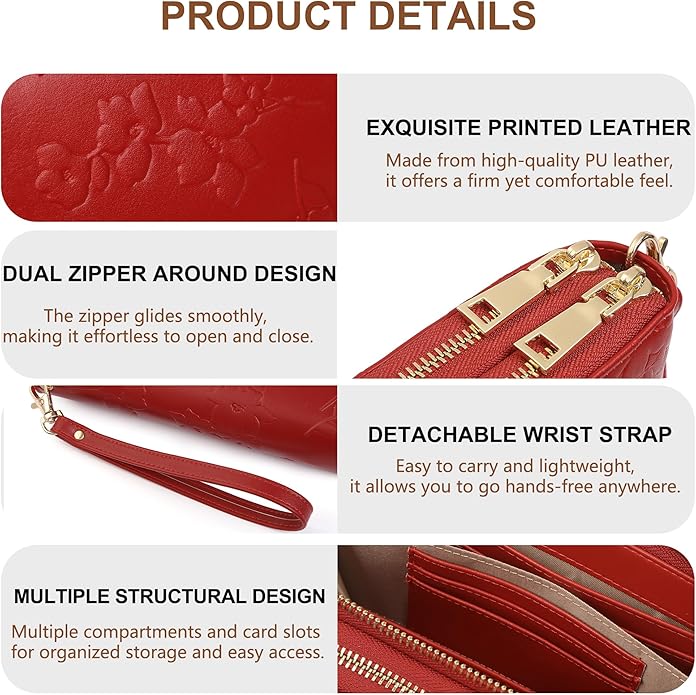 yiijay Womens Wallet RFID Blocking Large Capacity Vegan Leather Double Zip Wristlet Wallet Card Holder Travel Ladies Clutch