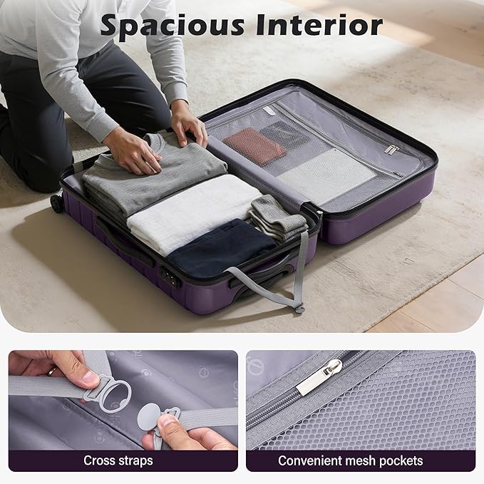 Coolife Medium Luggage Hardside Carry On with Spinner Wheels TSA Lock Telescopic Handle 24inch-Purple