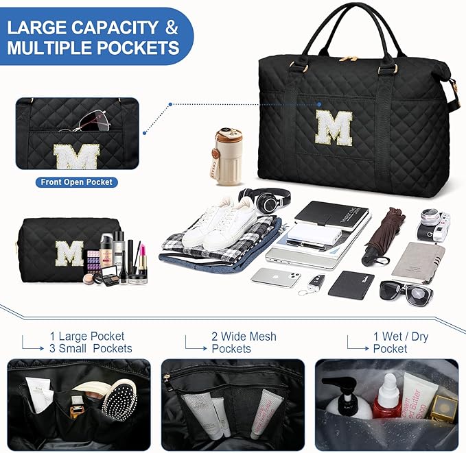 Gifts for Women, Initial Travel Duffle Bag, Personalized Weekender Overnight Bags, Gift for Mom Friend College Girl Graduation Teacher（Black,M)