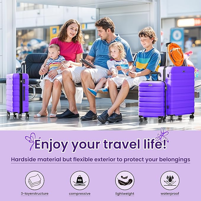 AnyZip Luggage Sets 3 Piece Hardshell Suitcase Set PC ABS Lightweight Travel Suitcases with 4 Double Spinner Wheels TSA Lock 20 24 28 Inch Violet Purple