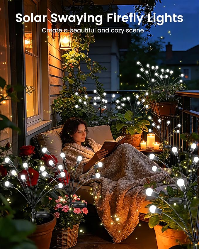 OZS 10 Pack Total 80 LED Solar Firefly Lights Fairy Outdoor - Solar Garden Lights Outdoor, Sway by Wind, Waterproof for Garden Patio Pathway Fairy Decoration (Cool White)