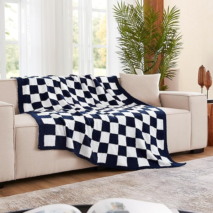 Checkered Throw Blanket, Dark Blue Soft Cozy Fluffy Knitted Throw Blankets for Couch, Sofa, Bed, Chair, Warm Fuzzy Travel Picnic Lightweight Plaid Blanket, 50x70 inches