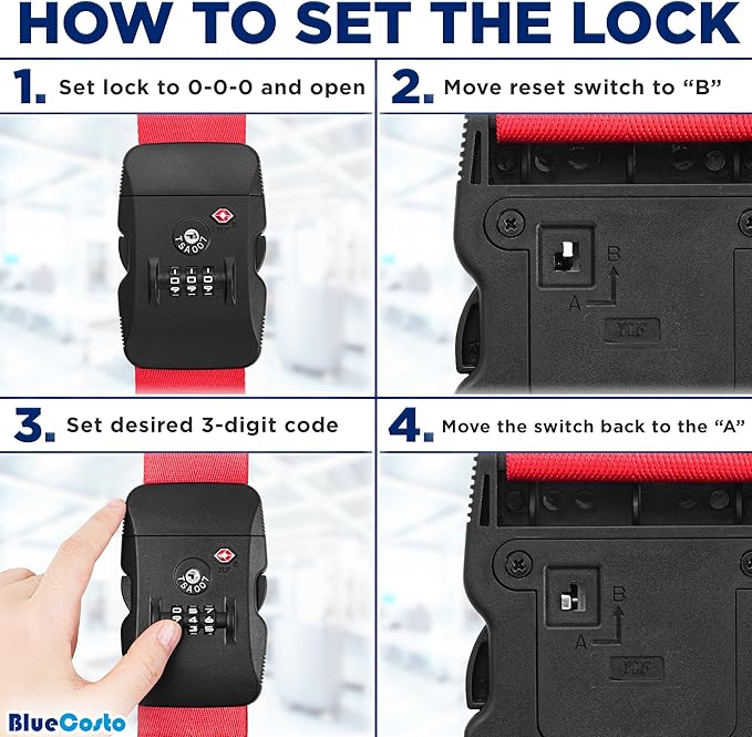BlueCosto - Luggage Strap with TSA Lock - 7 to 13 ft Adjustable, Bright Red - TSA Approved Suitcase Security Belt with 3 Digit Combination Locking - 2" Wide Heavy Duty Baggage Strap for Secure Travel