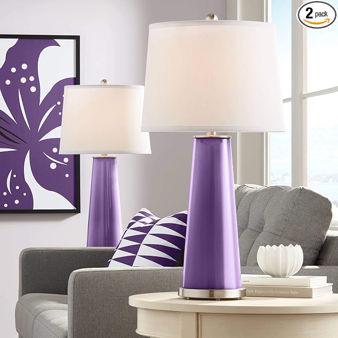 Color + Plus Leo 29 1/2" Tall Cylinder Modern End Table Lamps Set of 2 Acai Purple Brushed Nickel Finish Glass Fabric White Shade Living Room Bedroom Bedside Nightstand House Office Home Reading