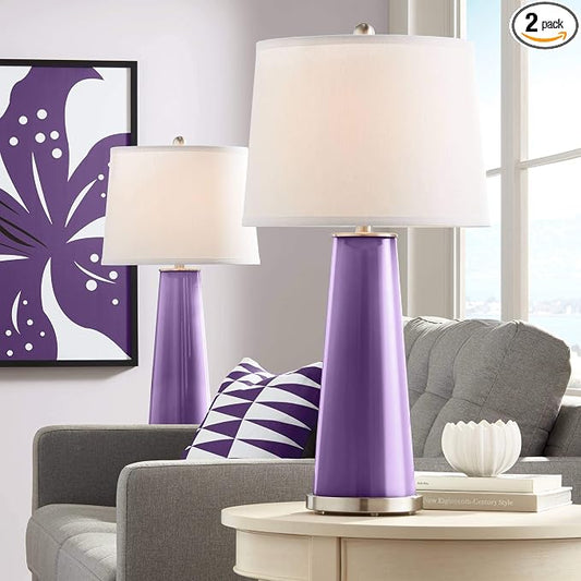 Color + Plus Leo 29 1/2" Tall Cylinder Modern End Table Lamps Set of 2 Acai Purple Brushed Nickel Finish Glass Fabric White Shade Living Room Bedroom Bedside Nightstand House Office Home Reading