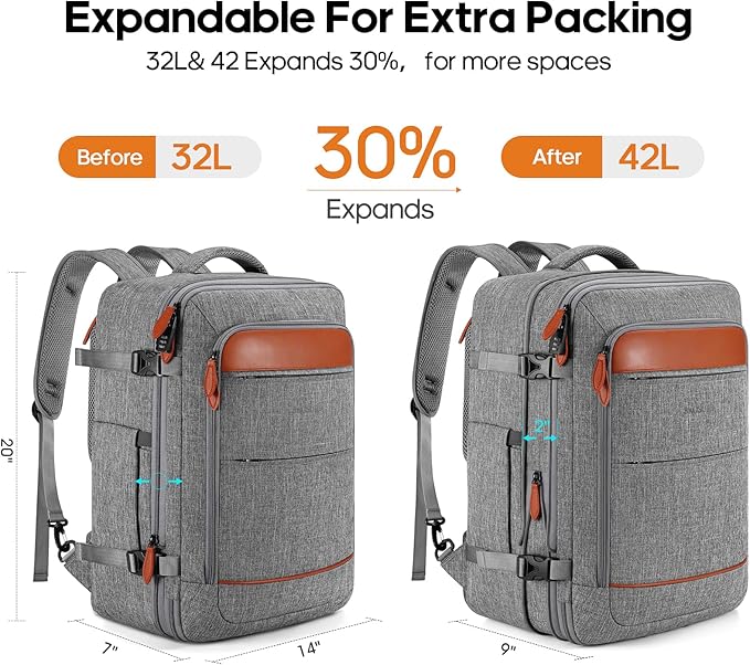 Bagsure Travel Backpack Carry On Backpack 42L Flight Approved, Expandable Laptop Backpack with Packing Cubes & Shoe Pocket, Water Resistant Luggage Backpack for Men Women, Large Backpack 20 * 14 * 7"
