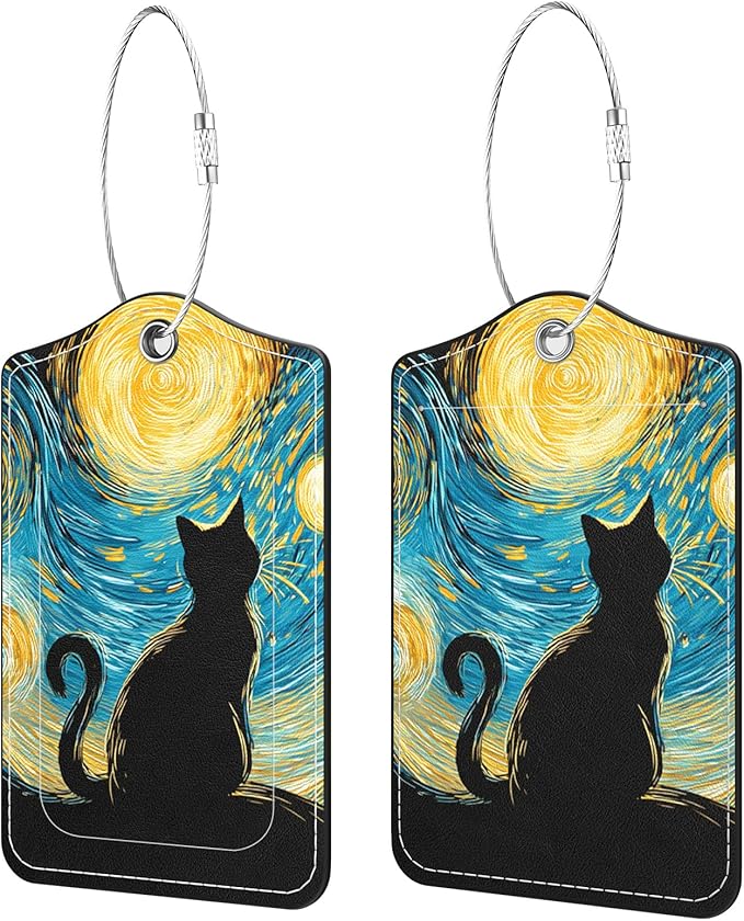 2 Pack PU Leather Luggage Tags for Suitcases, Privacy Protection Cover with Stainless Steel Loop and Address Card, Travel Cruise Essentials (Starry Cat)