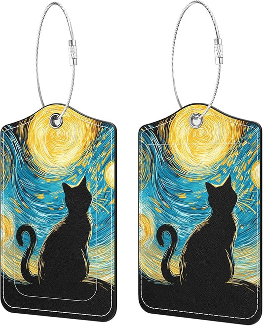 2 Pack PU Leather Luggage Tags for Suitcases, Privacy Protection Cover with Stainless Steel Loop and Address Card, Travel Cruise Essentials (Starry Cat)