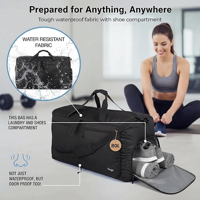 Bago Large Duffle Bag for Travel Women & Men. Durable Lightweight Foldable Travel Duffel Bags For Traveling Women. 80L Duffle Bags For Overnight Bag With Shoe Compartment Collapsible Weekender duffel