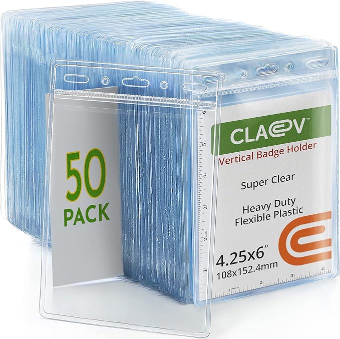 Claev Flexible and Tear Resistant Vertical 4x6 Passport & Card Holders (4x6 Extra Large (XXL), 50 Pack), Clear Zipperless ID Plastic Name Card Badge Holders for Travel, Conferences, Conventions