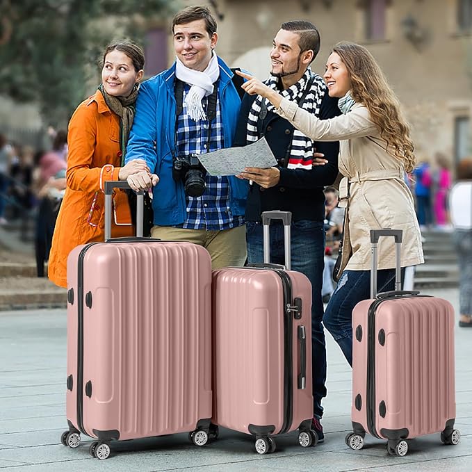 Karl home Luggage Sets 3 Piece, Hardside Carry on Suitcase Sets with Spinner Wheels & TSA lock, Portable Lightweight ABS Luggages for Travel, Business - Light Pink, 20/24/28in