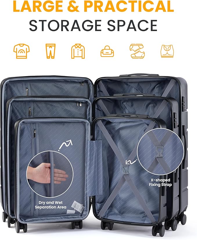 HealSmart Hardside Carry-On Luggage, Expandable Portable Hardshell Luggage with Spinner Wheels, Lightweight Suitcase TSA Lock, Black, 3-Piece Set (20/24/28)