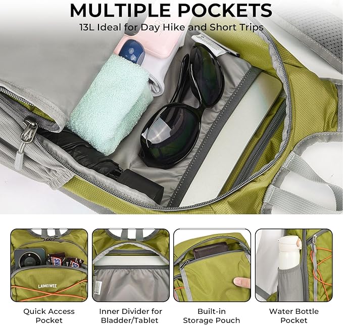 13L Small Hiking Backpack for Women Men, Lightweight Foldable Day pack, Packable Daypack for Travel, Camping (Green)