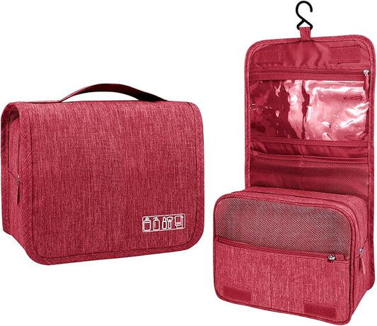 Large Capacity Toiletry Bag Travel Bag with Hanging Hook for Men and Women Waterproof Travel Cosmetic Bag Bathroom Storage Bag for Brushes Set, Full-Sized Shampoo, Toiletries, (Wine Red)