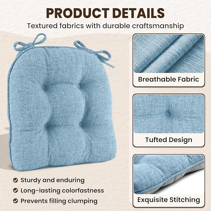 downluxe Indoor Chair Cushions for Dining Chairs, Tufted Overstuffed Textured Kitchen Chair Pads with Ties and Non-Slip Backing, 15.5" x 15.5" x 4", Light Blue, 6 Pack