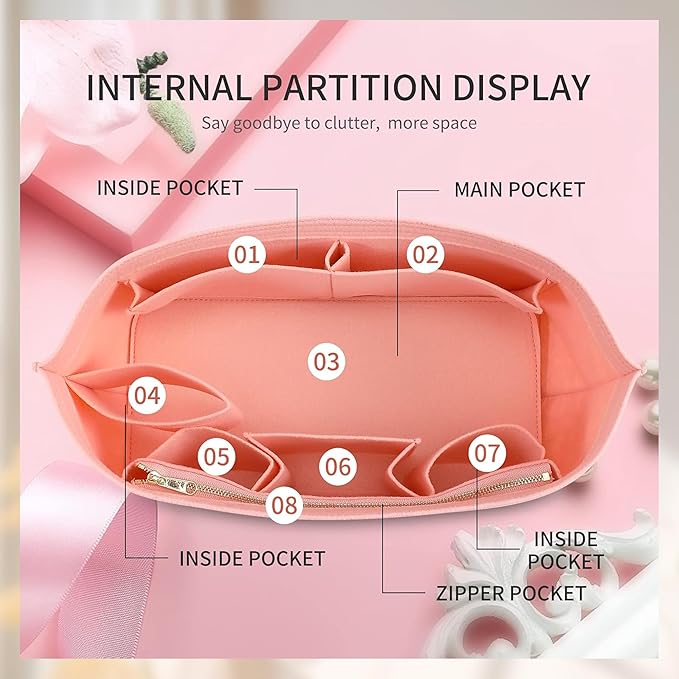 Purse Organizer Insert with Base Shaper Compatible with Neverfull PM and More, Bag Organizer for Luxury Tote Handbags, Pink, M