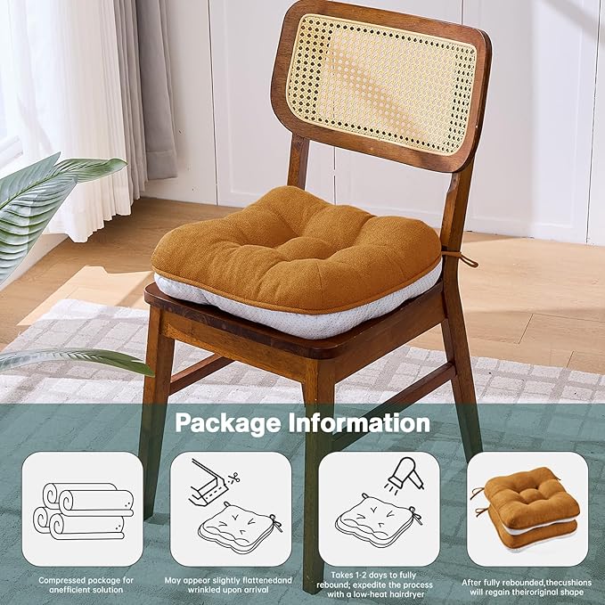 BETU Chair Cushions for Dining Chairs Set of 6,3.5" Thick Kitchen Table Chair Pads with Ties,Non Slip Backing and Covers, Seat Cushion for Dining Room,Bar,Patio Chairs,16"X16"X3.5",Caramel