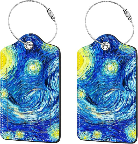 2 Pcs Luggage Tags for Suitcase, Cute Unique PU Leather Travel Bag Tag with Privacy Cover ID Label Address Card and Durable Metal Ring Suitable for Men Women Children Backpack,Starry Sky