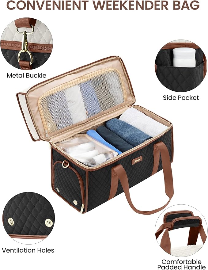 Weekender Travel Duffle Bag for Women: Overnight Bags with Shoe Compartment Carry on Bags for Airplanes with Toiletry Bag Weekend Yoga Gym Bag with Wet Pocket Black White Brown