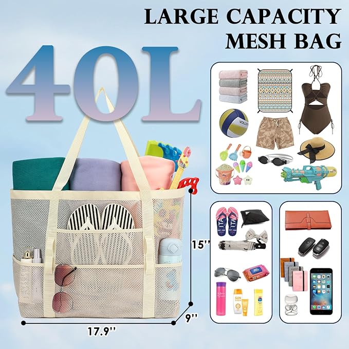 Fammart Mesh Beach Bag, Large Beach Tote with Zipper Pocket, Toys Pool Bag for Family Travel Vacation Cruise Essentials