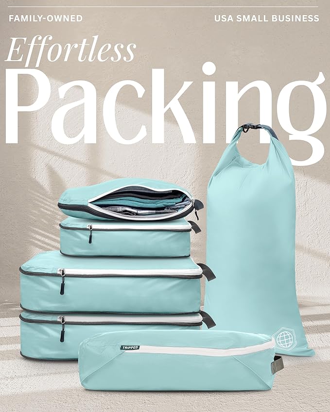 Compression Packing Cubes 6 Piece Set for Carryon Suitcases- Lightweight, Durable Clothes Organizer (Dusty Teal and White)