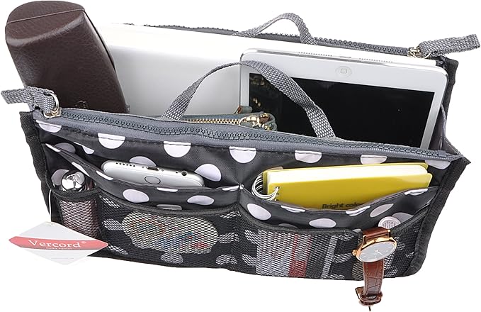 Vercord Purse Organizer Insert for Handbags Bag Organizers Inside Tote Pocketbook Women Nurse Nylon 13 Pockets Black Dots Large