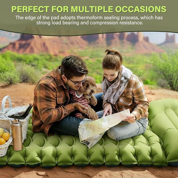Camping Sleeping Pad, Ultralight Camping Mat with Pillow, Built-in Foot Pump Inflatable Sleeping Pads Compact for Camping Backpacking Hiking Traveling Tent,Single,Green