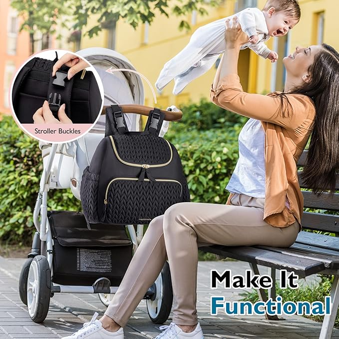mommore Diaper Bag Backpack, Stylish Travel Baby Bag with Insulated Pockets, Changing Pad and Stroller Straps for Toddler (S-Black, Small-17L)