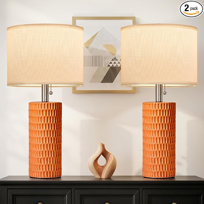 Reaketon Table Lamps for Living Room Set of 2, Ceramic Table Lamps for Bedroom, 20" Modern Lamps for Night Stands, Orange