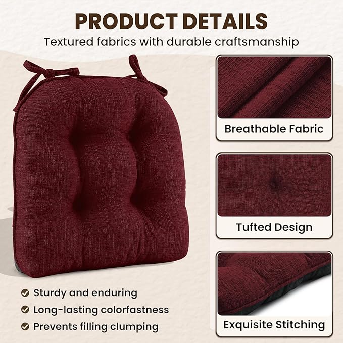 downluxe Indoor Chair Cushions for Dining Chairs, Tufted Overstuffed Textured Kitchen Chair Pads with Ties and Non-Slip Backing, 15.5" x 15.5" x 4", Burgundy, 6 Pack