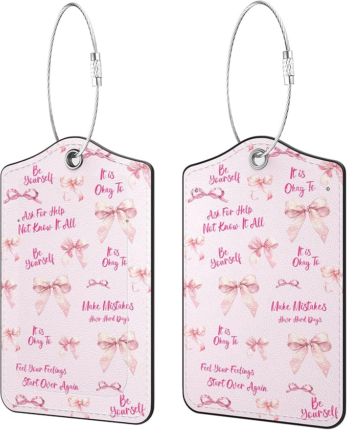 2 Pack PU Leather Luggage Tags for Suitcases, Privacy Protection Cover with Stainless Steel Loop and Address Card, Travel Cruise Essentials (Pink Bow)