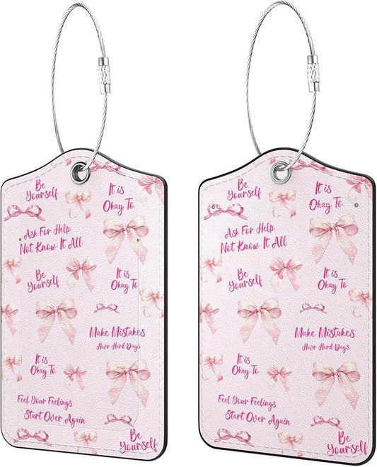 2 Pack PU Leather Luggage Tags for Suitcases, Privacy Protection Cover with Stainless Steel Loop and Address Card, Travel Cruise Essentials (Pink Bow)