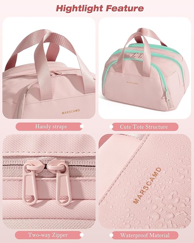 Travel Makeup Bag, Small Size Waterproof Toiletry & Cosmetic Organizer with Leakproof Pockets for Bathroom or Vanity Use for Women, Pink