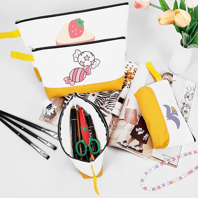 10 Pieces Cotton Canvas Makeup Bag with Bottom and Strap, Multi-Purpose Cosmetic Bag with Zipper Travel Toiletry Pouch, Blank DIY Craft Bag (White&Yellow, M)