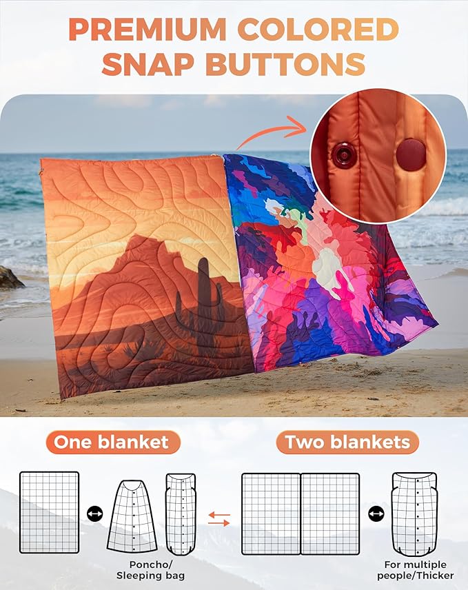 KingCamp Ultralight Camping Blanket, Packable Down Alternative Puffy Printed Wearable Blanket with Snap Buttons & Corner Loops Weatherproof Quilt for Outdoor Travel Stadium (78.7" x 57.1", Cactus)