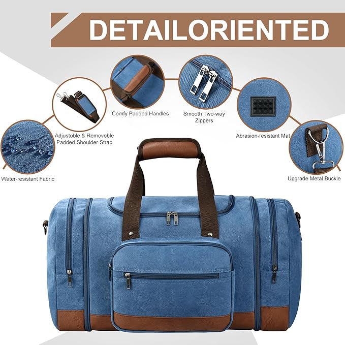 Litvyak Duffle Bag for Travel, 50L Canvas Travel Duffel Bags Overnight Weekend Gym Carry On Luggage Bag for Men & Women(Blue)