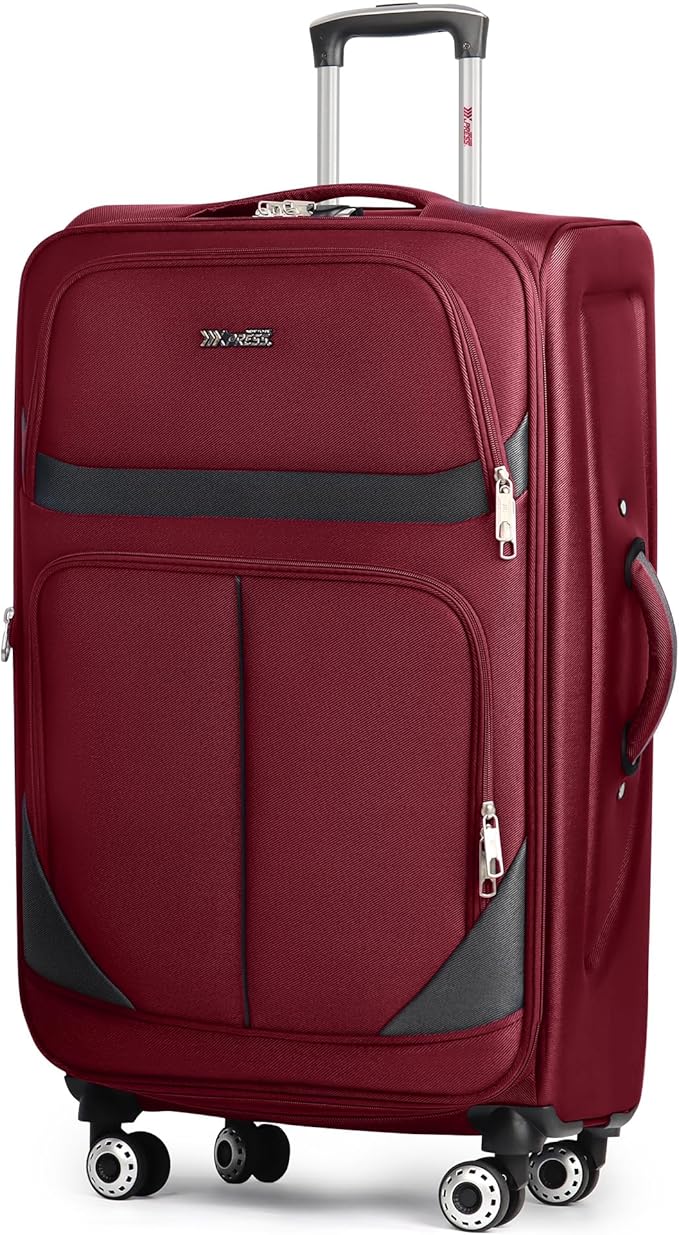 32'' Large Softside Suitcase,Expandable 15% Luggage,with Double Spinner Wheels and LOCK,Lightweight Travel Suitcase for Men/Women（Burgundy-Grey,32in）