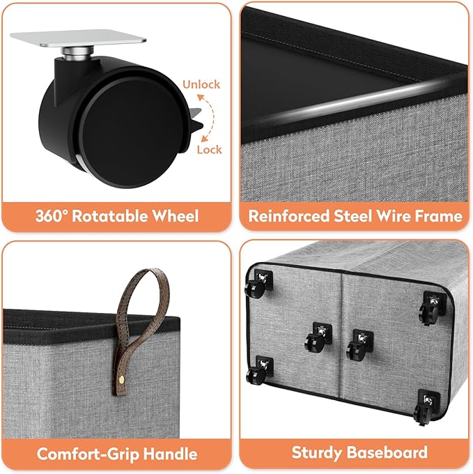 Laundry Basket with Wheels, Collapsible Laundry Baskets, Laundry Hamper with Handles Detachable Wheels, Rolling Laundry Basket, Dirty Clothes Hamper for Bathroom, Dorm, Bedroom, Grey, 136L