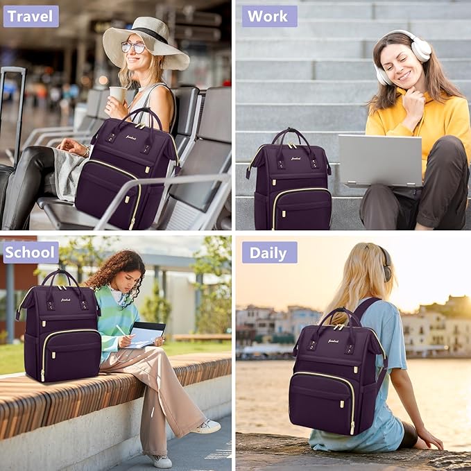 Focdod Women Laptop Backpack Work Bag - Fits 15.6 inch with Laptop Compartment Waterproof Professional Fashion Travel Purse for College Nurse Business Computer Backpack Dark Purple