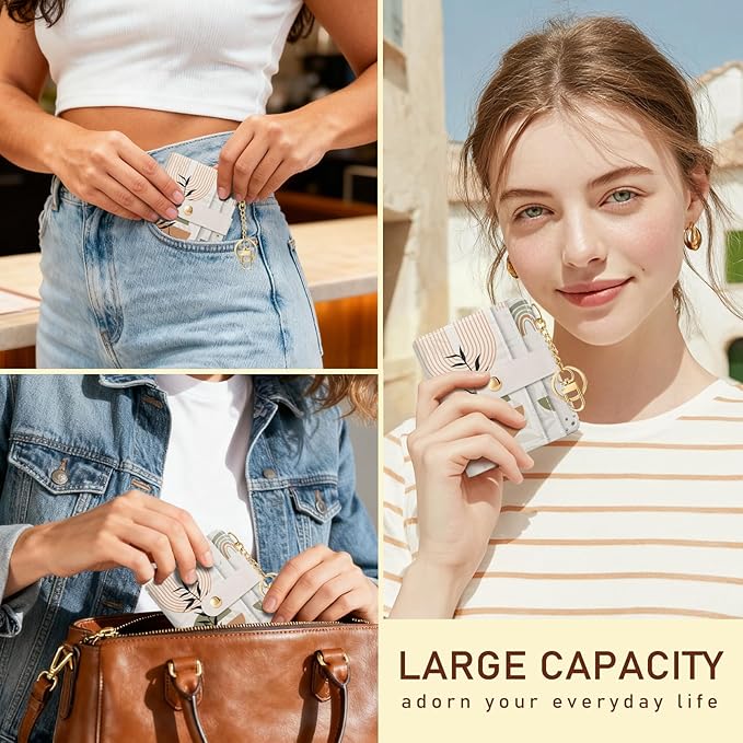 Jogjam Abstract Boho Leaves Rfid Ladies Wallet, Small Slim Thin Compact Credit Card Women Wallet, PU Leather Bifold Cash Zipper Coin Pocket ID Window for Female