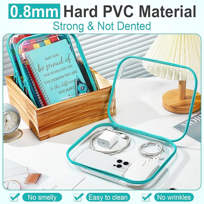 Sanwuta 6 Pcs Clear Hard Zipper Case Plastic Zipper Pouches Transparent Makeup Bag Pencil Case Pouches Toiletry Diaper Bag for Travel Toy Storage Organizer Bins(Teal,9.84 x 7.87 x 2 Inch)