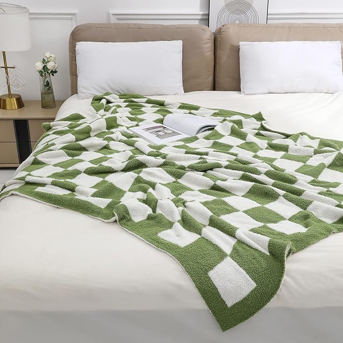 bearberry Fuzzy Checkerboard Grid Throw Blanket Soft Cozy Warm Microfiber All Season Blanket Decor for Couch Sofa Bed Travel Home (Avocado Green, 50''x60'')