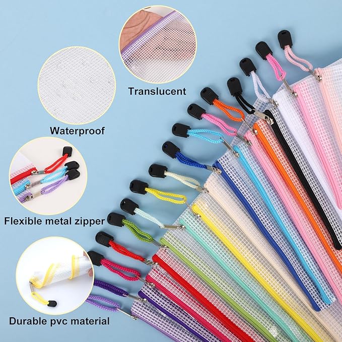 EOOUT 64pcs Mesh Zipper Pouch Bags, 8 Sizes Plastic Bags, 15 Colors Waterproof Pouches with Slide Fastener for Organization, Multipurpose for Travel, School Supplies, Office and Home Organization