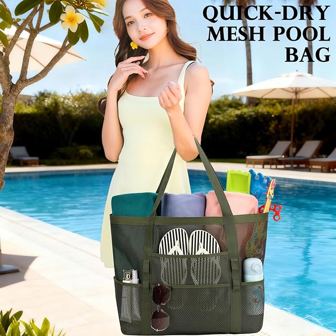 Fammart Mesh Beach Bag, Large Beach Tote with Zipper Pocket, Toys Pool Bag for Family Travel Vacation Cruise Essentials
