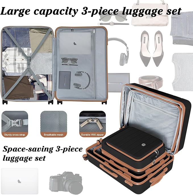 Classic Light Weight Hardside Expandable Spinner Wheels Luggage Suitcase W/TSA Lock,3 Piece Set,Black Brown