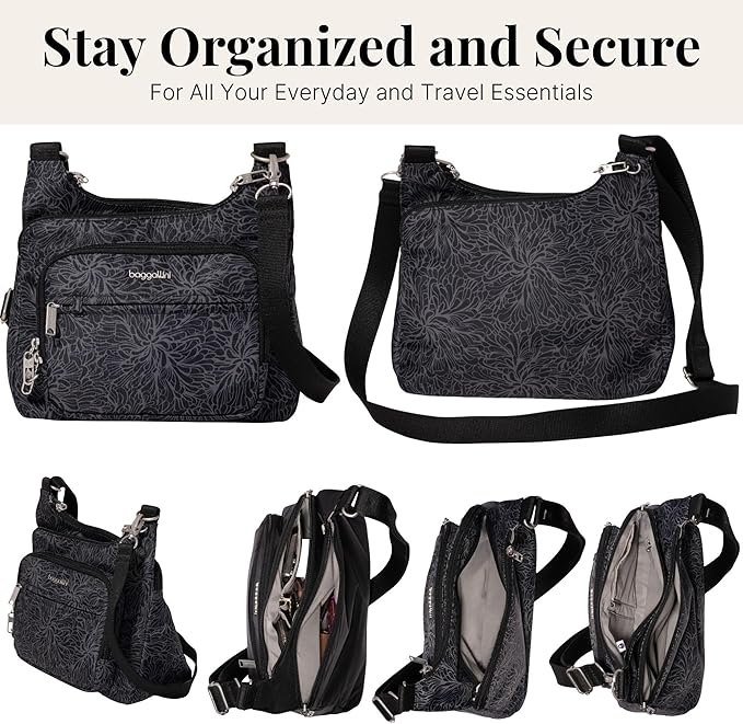 Baggallini Securtex Anti-theft Crossover Crossbody Bag 11”w X 8.5”h, Rfid, Built-in Wallet, Locking Zippers