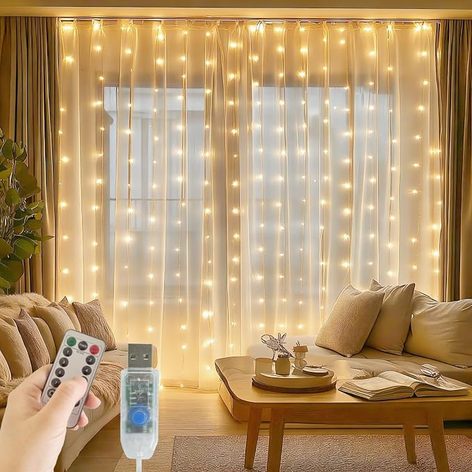 Fairy Curtain Lights, 300 LED Upgraded Tangle-Free Hanging Lights with Remote, USB Plug in String Lights for Bedroom Wall Window Wedding Party Xmas Home Décor - 9.8 x 9.8 Ft, Warm White
